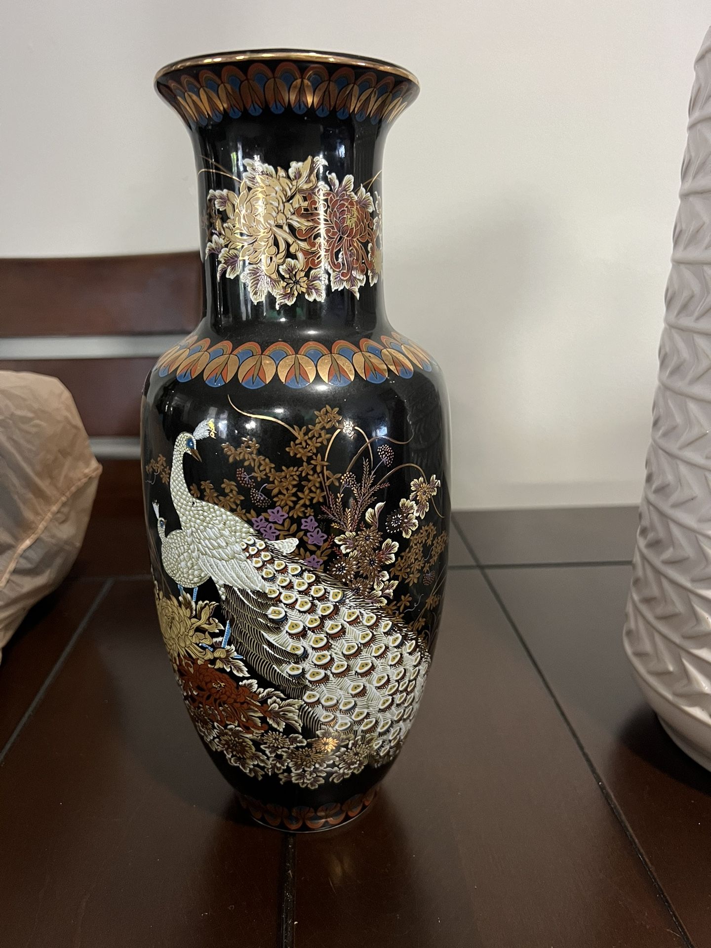 Vintage Japanese Peacock Design Vase 12 Inches Tall