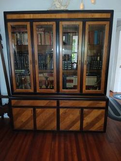 Antique Tone Solid Oak / 2 Piece Book shelf unit with glass doors - $700
