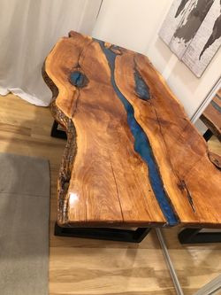 Live Edge Wood and Blue Epoxy Resin Dining Table
