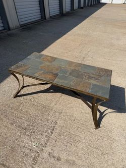 Slate Tile Coffee Table – 48” × 24” Stone Top with Curved Metal Base