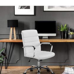 Office Desk Chair Mid-Back Leather Computer Chair Height Adjustable Ergonomic Executive Chair w/Lumbar Support Comfy Thick Padded Armrests and Seat, W