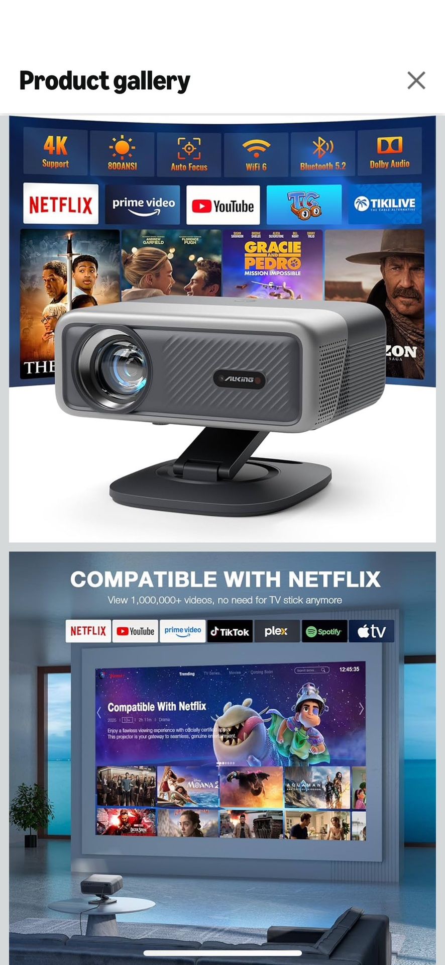 Smart Projector with Wifi and Bluetooth,Auto Focus&Keystone Projector4K,3D DoIby Audio, 1200ANSI Outdoor Projector with Omnidirectional Rotating Stand