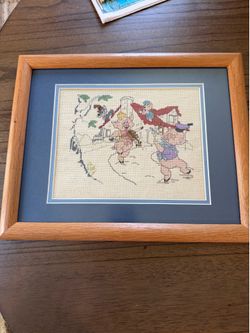 This vintage 3 Little Pigs cross-stitch framed and matted