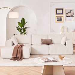 100% Brand New in box, 111” Beige Sectional Couch Sofa, Corduroy Modular Sectional Sofa, 3 Seater L-Shape with Free Combination