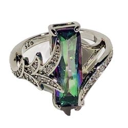Mystic Topaz Ring Emerald Cut Solitaire With Clear Round Zirconia Accents Size 6 Solid Silver 