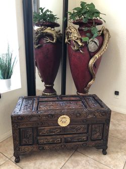 Ornately Carved Asian Wooden Trunk