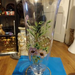 Trumpet Glass Vase With Flowers And Gold Trim
