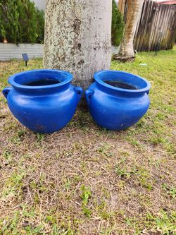 Two Big Blue Urn Planters