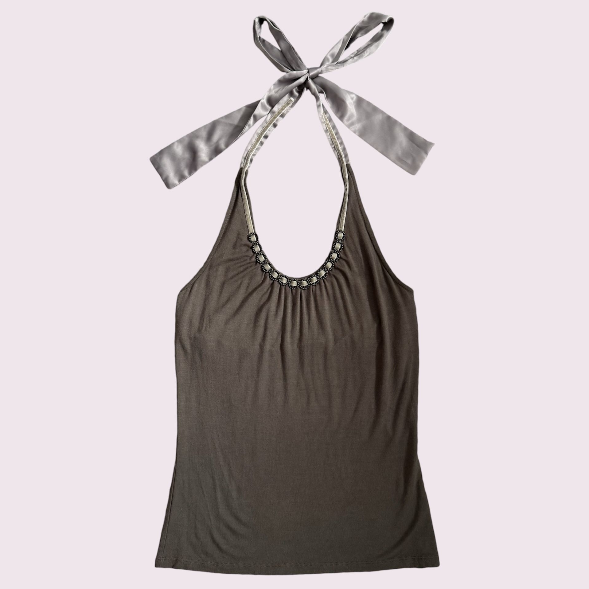 THE LIMITED Vintage Y2K Sand Grey Brown Beaded Grunge Stretch Halter Tank Top