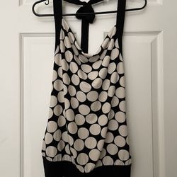 Cowl Neck Women’s Halter Top Black with Ivory Polka Dots Tie Neck Size Large