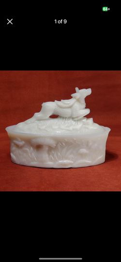 Antique Rare Flaccus Milk Glass Covered Dish-Deer Hart on Log