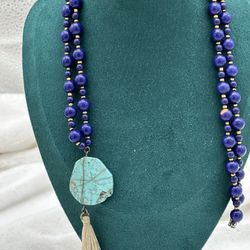 Mala Style With Lauren Blue & Gold Beads Wire Wrapped Turquoise Colored Cold Stone  With Tassel Good Condition 34” Long 