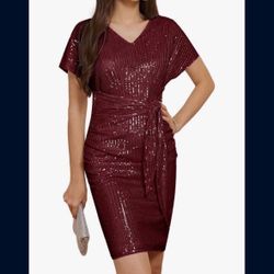 GRACE KARIN Women's V Neck Ruched Sequin Dress Short Sleeve Tie Midi Cocktail Party Bodycon Dresses