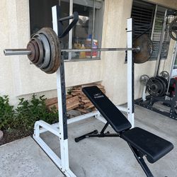 Squat Rack Weight Bench With Bar, Weights, And Bench