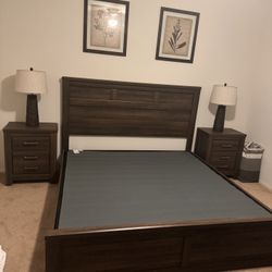 King Size Bed Frame With 2 Side Tables, Dresser & 2 Table Lamps