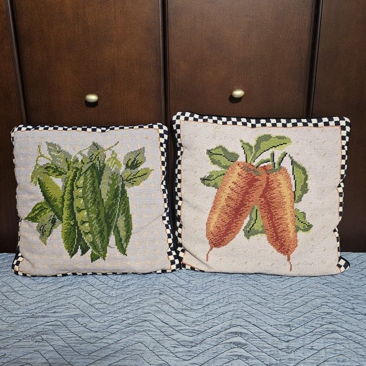 Set Of Two 14"x14" Decorative Needlepoint Accent Pillows, Appear handmade.