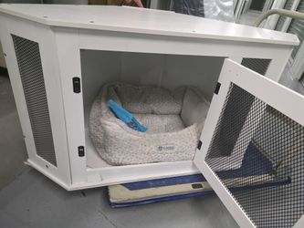 White Corner Dog Crate Furniture with Bed and Toy $50