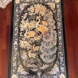 Korean Chinoiserie Black Laquer Screenprint Inlay Low Folding Table