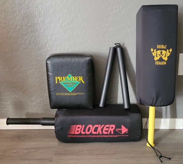 Karate Martial Arts Gear - (2) Single Blockers, (1) Square Hand Target, (1) Foam Corded 12" Nunchaku