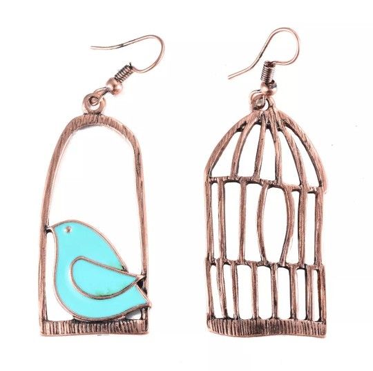 Asymmetrical Turquoise Bird In Copper Cage Drop Earrings