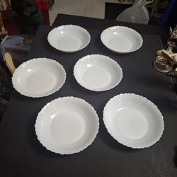 Vintage White Milk Glass Set Of 6 Bowls, Tempered Glass W/Scalloped Wavy Edges By Arcopal France 🇫🇷  7"