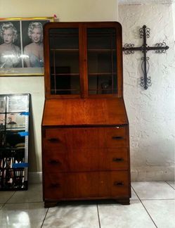 VINTAGE ART DECO TALL SECRETARY DESK WITH BOOKCASE & KEY- Solid Wood