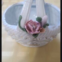 Vintage Ceramic Candy Bowl – White Floral Basket Design