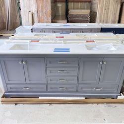 80” bathroom vanity in Grey, double sink, soft close and solid wood. 6 drawers, 4 Doors and modern handles with marble top in White  $999 