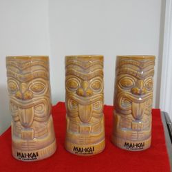 Three Chiki Tiki Mug Tumbler Beer MAI-TIKI Ft Lauderdale:6 inches Tall.