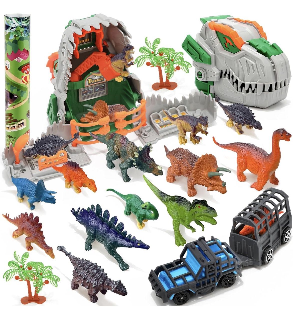 π in π¦ Dinosaur Toys for Kids,12Realistic Dinosaur Figures with a Detachable Dino Head for Scenes,Map&Transport Truck,Gift Set