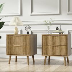 Set of 2 Fluted Nightstands | Modern Bedside Table with Drawers and Storage Shelf, Wood End Table, Space-Saving Design for Bedroom, Living Room, Sofa 