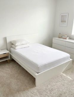White Queen Platform Bed Frame with Headboard mattress dresser and side table