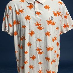 Original Penguin Men’s XL Polo Shirt White Orange Palm Tree Print 100% Cotton