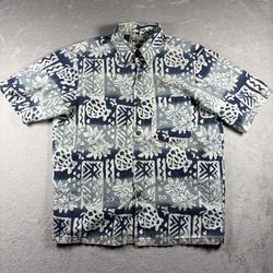 Vintage Island Hemp Wear Men’s L Blue Shirt Jams World Floral Button Up USA#3184
