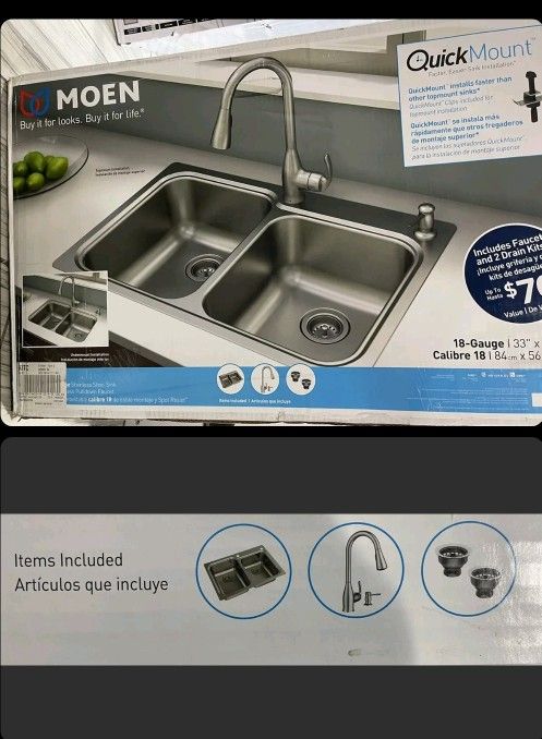 MOEN Kelsa 21538 Dual Mount 18gauge Stainless Steel Sink and Faucet combo - NEW
