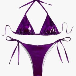 Women's Metallic Shiny Bathing Suit High Waisted Triangle Tie Side Swimsuit Bikini Set, Dancer fit. Pleaser fit, Small