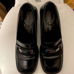Vintage Gucci Black Leather Block Heeled Square Toe Loafers (Sz 37 EU / 6.5 US)