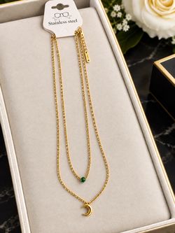 Gold Stainless Steel Layered Moon Necklace