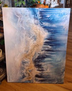 Abstract Ocean Beach Mixed Media Canvas Painting 30"x39"