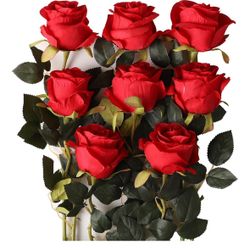 8 Pcs Red Roses Artificial Flowers Bulk,Realistic Long Stem Fake Silk Roses Bouquet for Wedding Centerpiece Table Vases Party Home Kitchen Decor