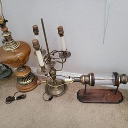 Vintage Table Lamp Big Amber Globe Or Brass Triple Arm Or Cylinder Sconce