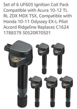 Set of 6 UF603 Ignition Coil Pack Compatible with Acura 10-12 TL RL ZDX MDX TSX, Compatible with Honda 10-11 Odyssey EX-L Pilot Accord Ridgeline Repla