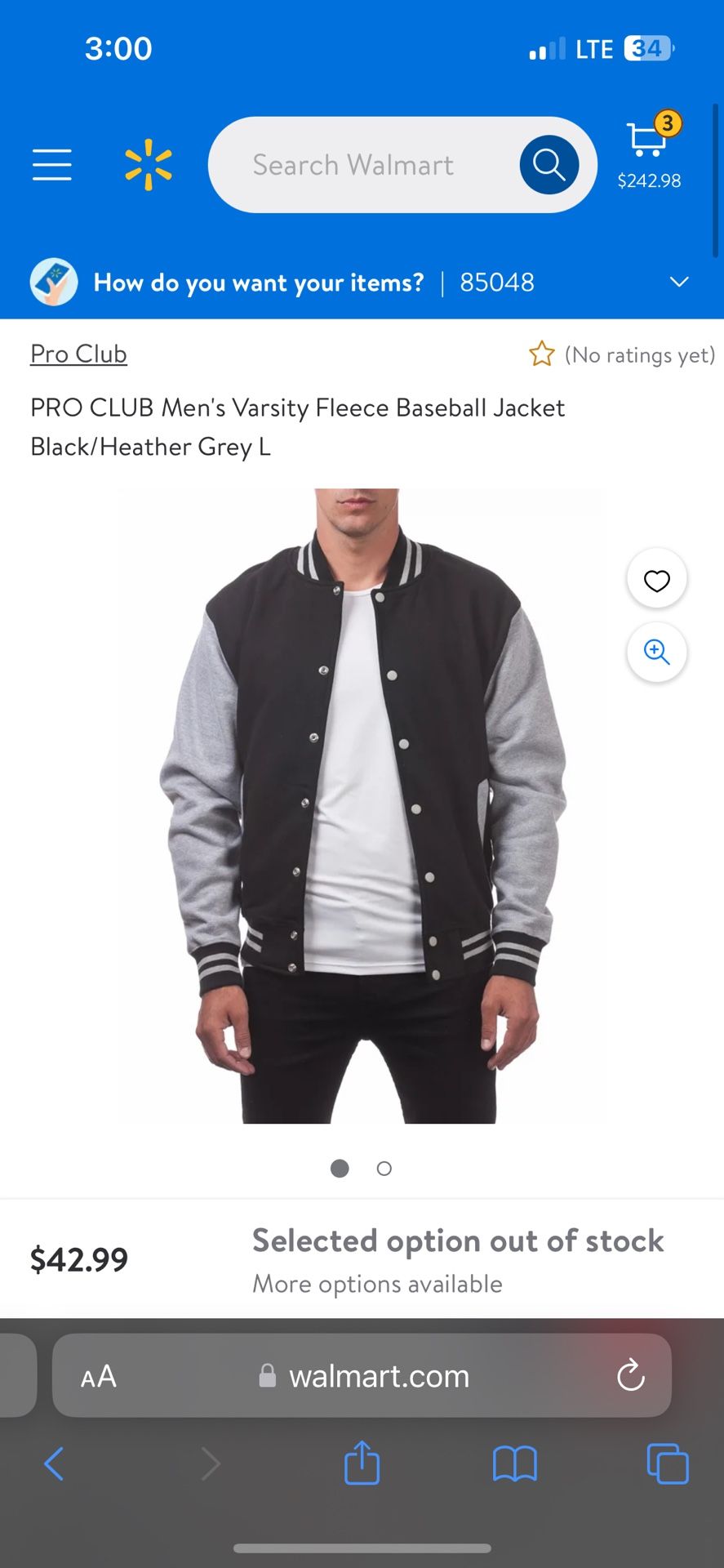 PRO CLUB Men's Varsity Fleece Baseball Jacket Black/Heather Grey $25