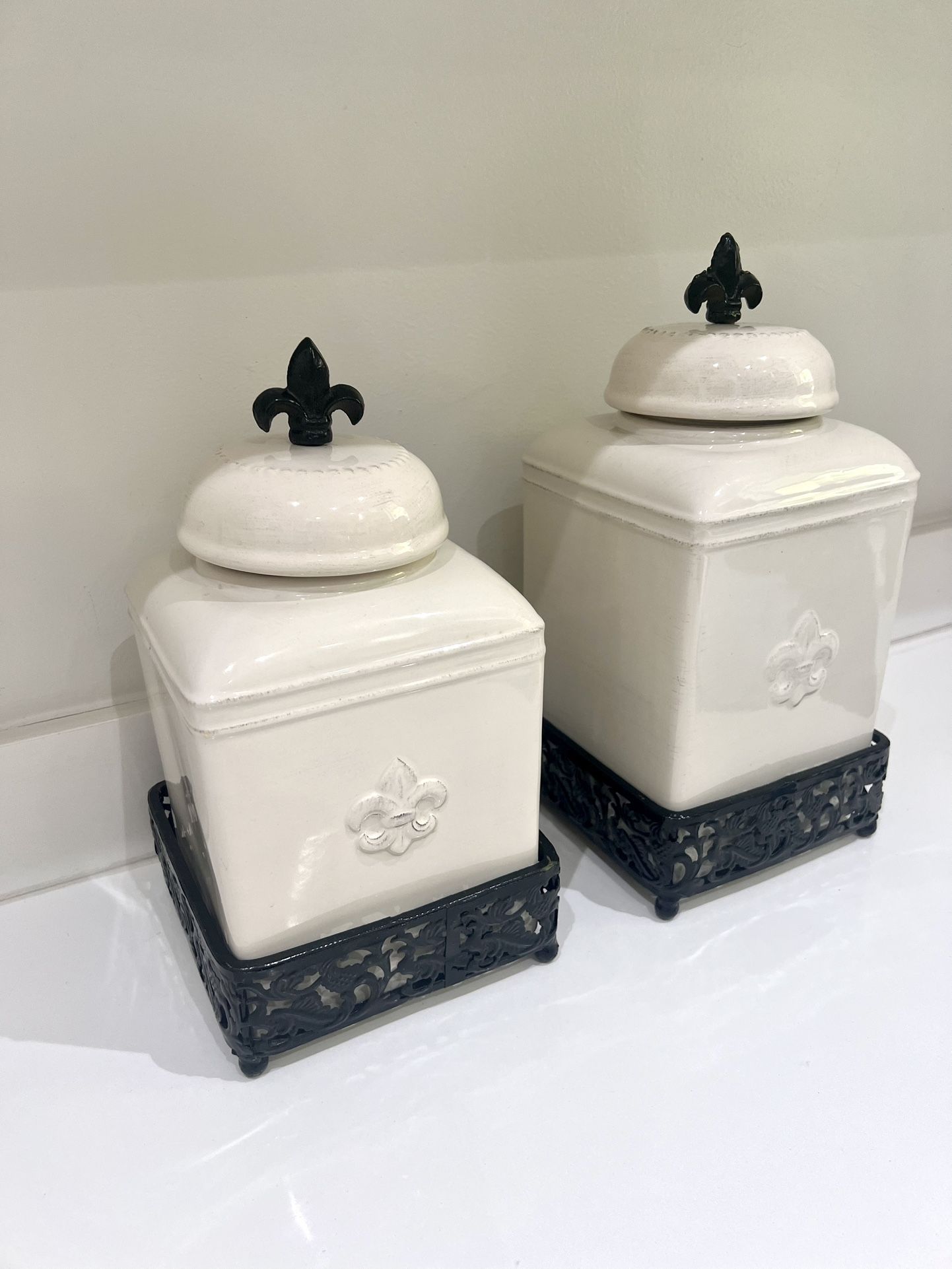 Fleur de Lis Cream Canisters with metal stands Beautiful Earthenware - Price For Each 