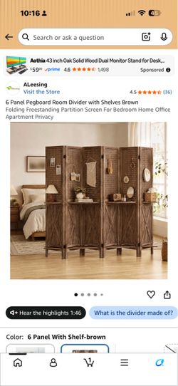 6 Panel Pegboard Room Divider with Shelves Brown Folding Freestanding Partition Screen For Bedroom Home Office Apartment Privacy