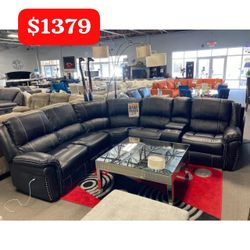 Air Leather/Faux Leather Modular Sectional Sofa with 2 USB & Power Recliners, 1 Manual Recliner, and Storage Console with Stainless Steel Cup Holders.