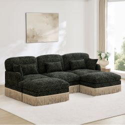 Target 100" Modular Leopard Print Chenille U-Shaped Sectional Sofa with 2 Ottomans and Fringe Trim, Green