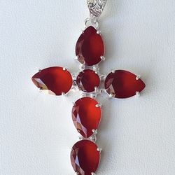 Red Ruby Garnet 925 Silver Cross 2.5” Pendant