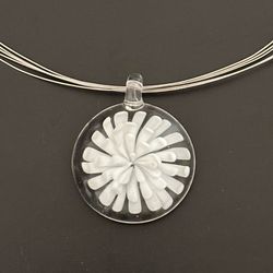 Blown Glass Pendant & Stainless Steel Wire Strand Necklace 16”