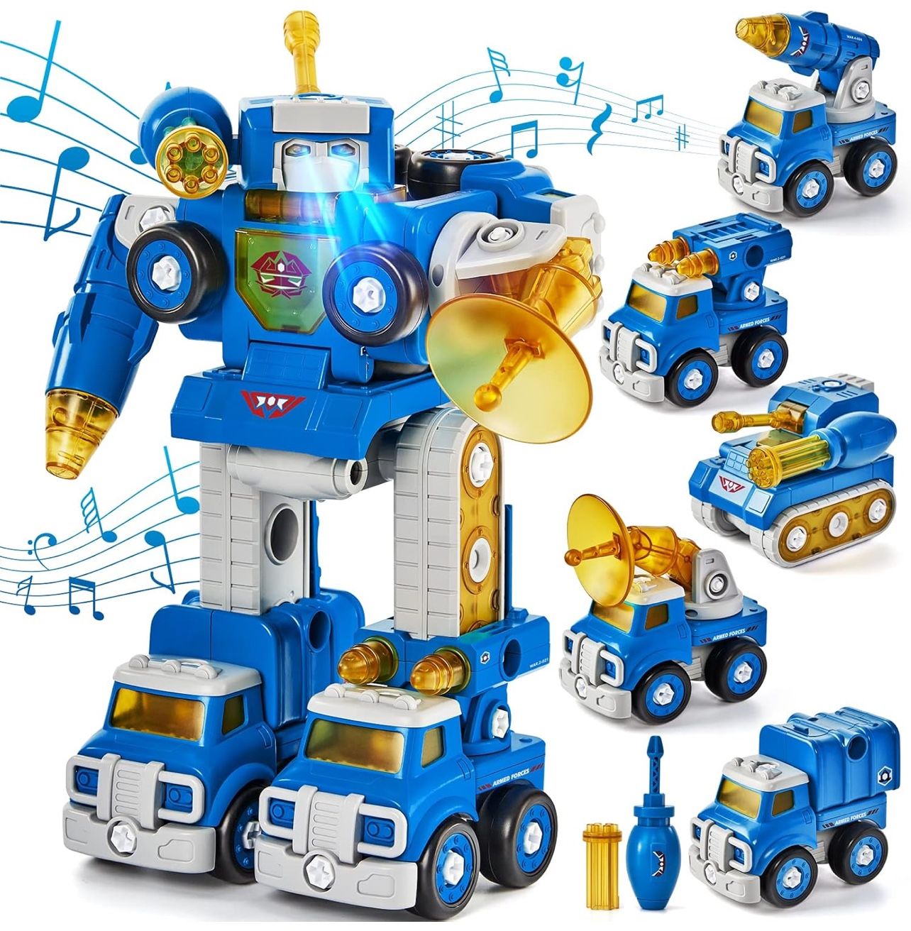 5 in 1 Light & Sound Transform Robot Vehicle Trucks Cars Set Construction Toys
